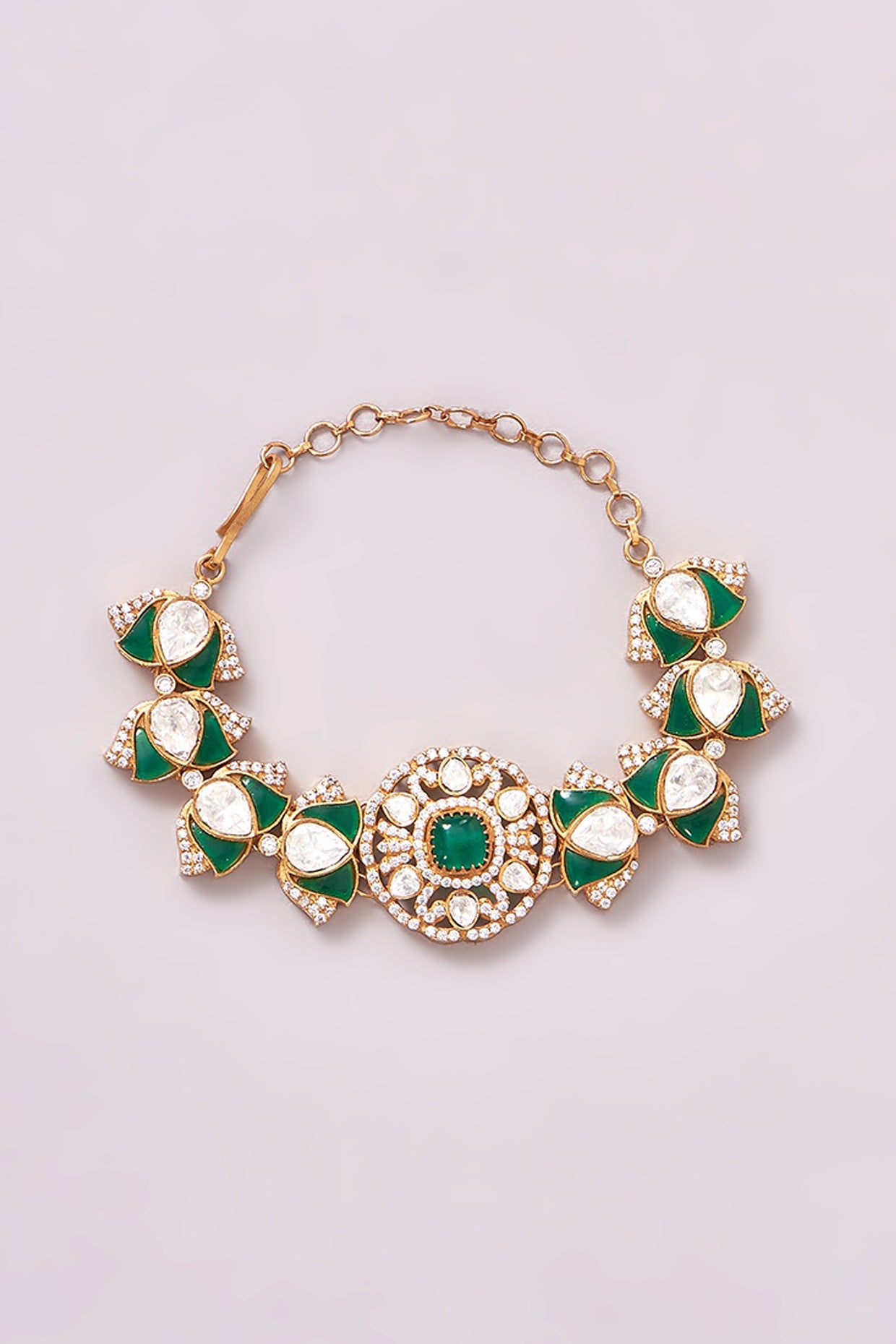 Gold Finish Kundan Polki & Green Stone Bracelet