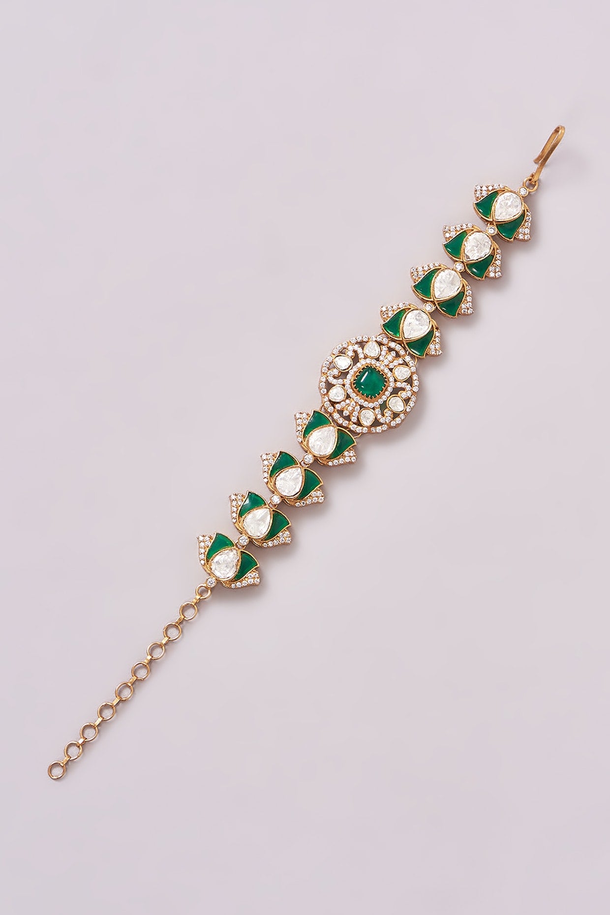 Gold Finish Kundan Polki & Green Stone Bracelet