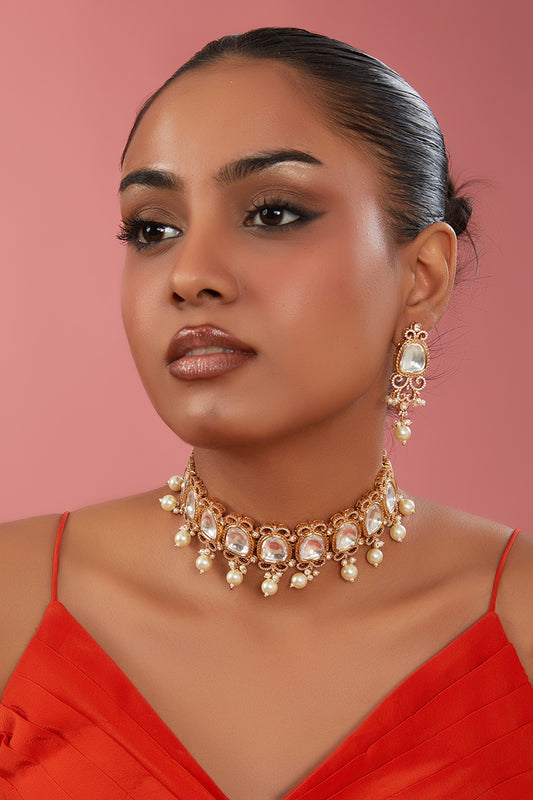 Gold Finish Kundan Polki & Pearl Necklace Set