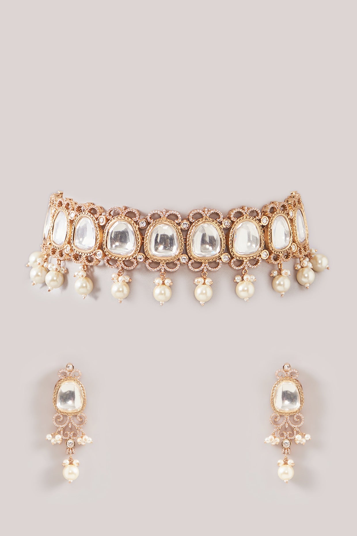 Gold Finish Kundan Polki & Pearl Necklace Set