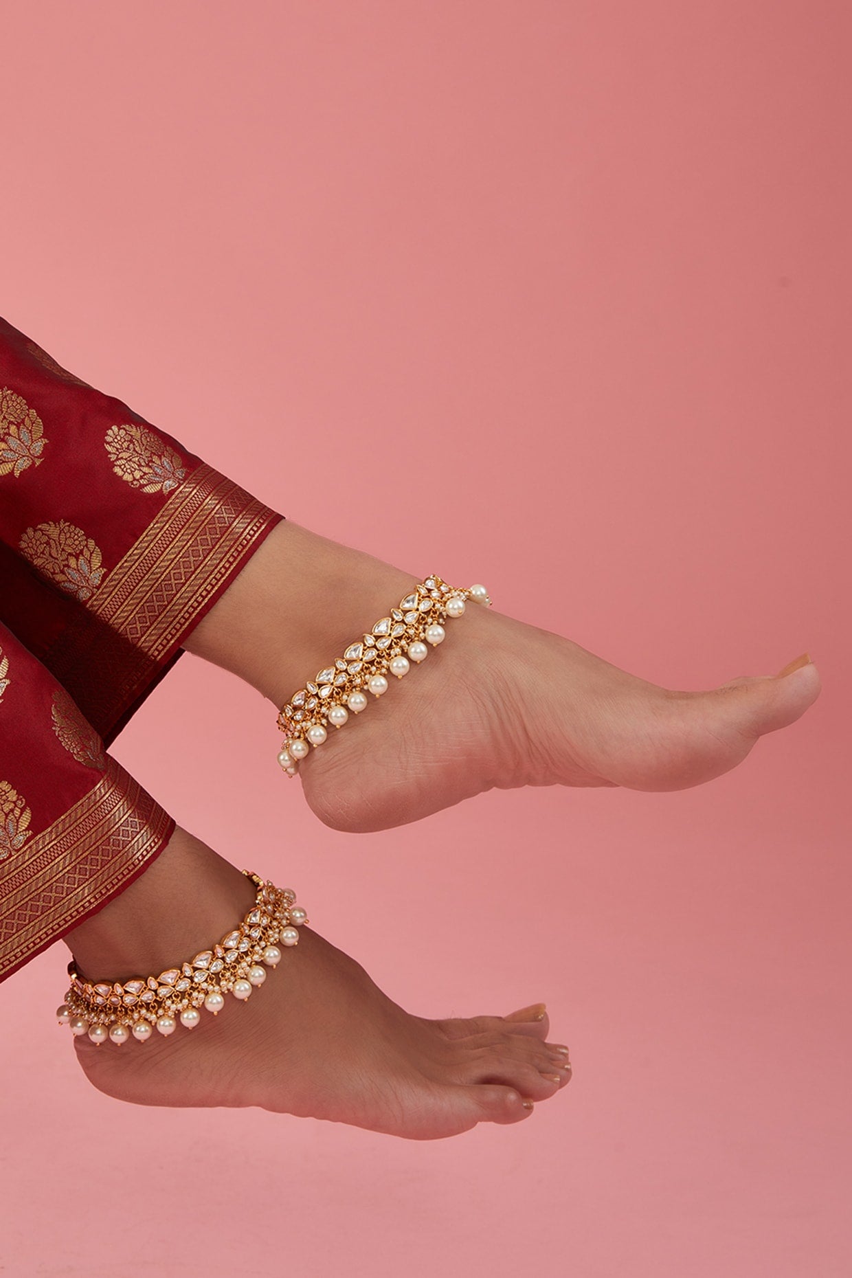 Gold Finish Kundan Polki Anklets (Set Of 2)