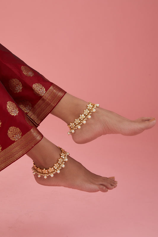 Gold Finish Kundan Polki Anklets (Set Of 2)