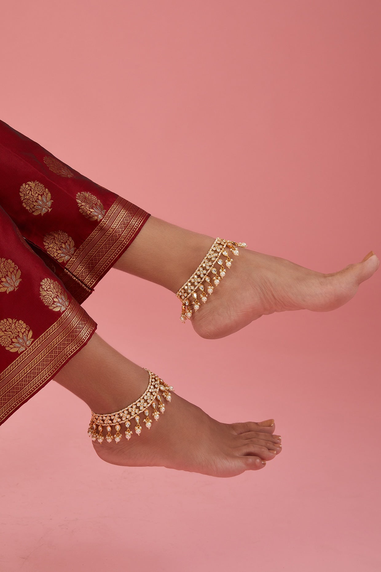 Gold Finish Kundan Polki Anklets (Set Of 2)