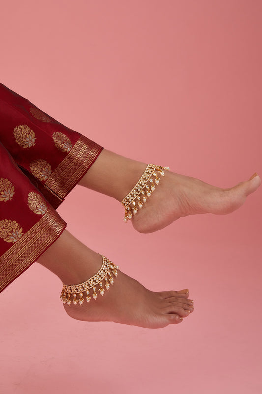 Gold Finish Kundan Polki Anklets (Set Of 2)