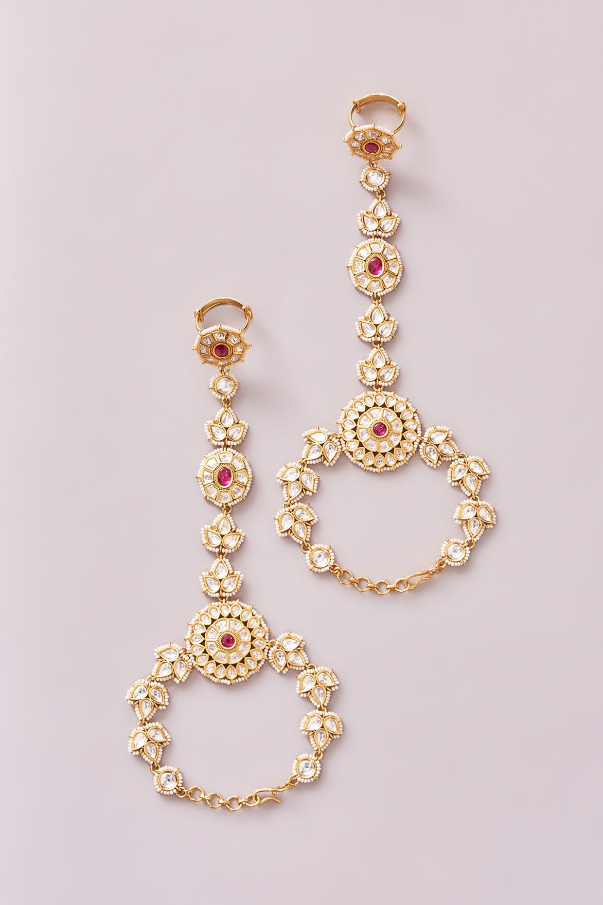 Gold Finish Kundan Polki & Pearl Hathphools (Set Of 2)