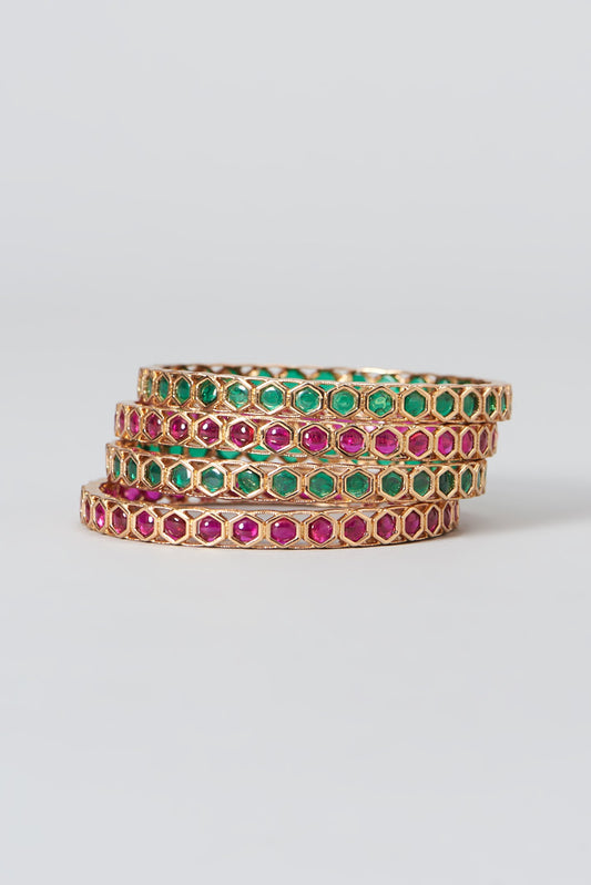 Gold Finish Ruby & Emerald Bangles (Set of 4)