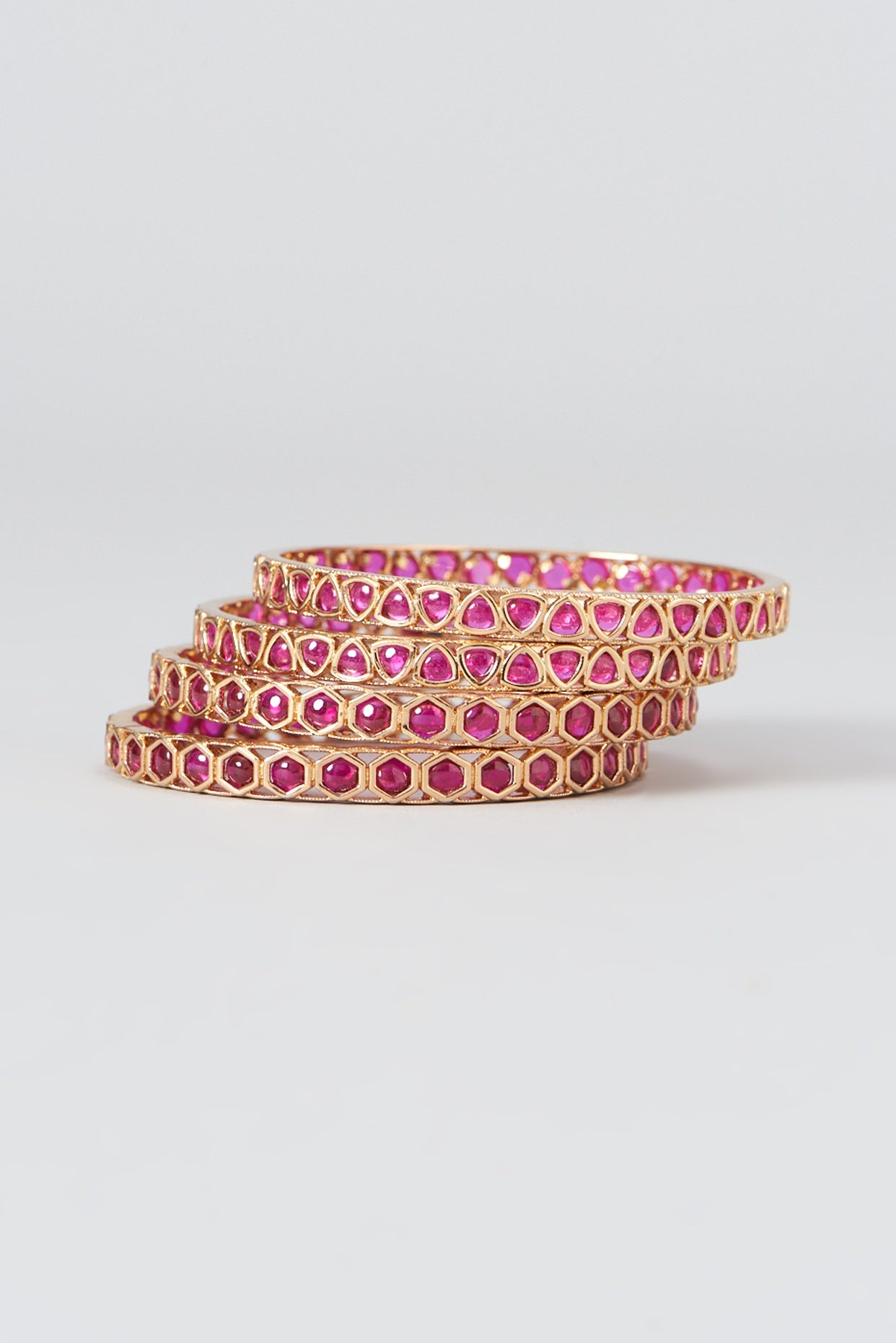 Gold Finish Kundan Polki & Ruby Stone Bangles (Set of 4)