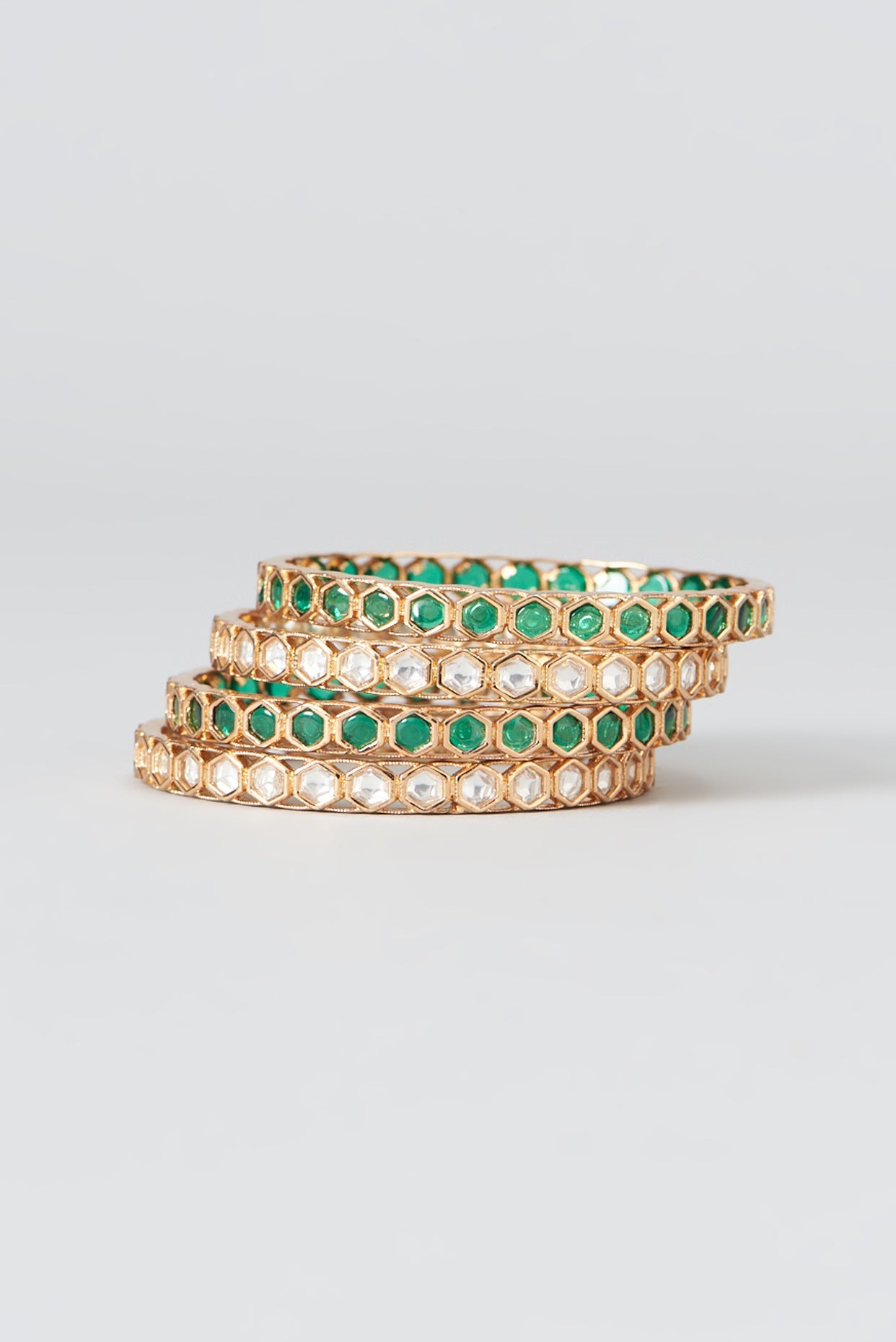 Gold Finish Kundan Polki & Emerald Stone Bangles (Set of 4)