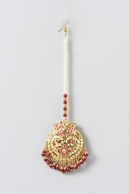 Gold Finish Kundan Polki & Pearl Hanging Maangtikka