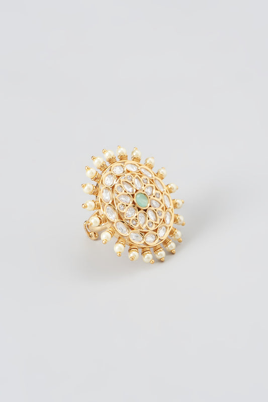 Gold Finish Kundan & Pearl Ring