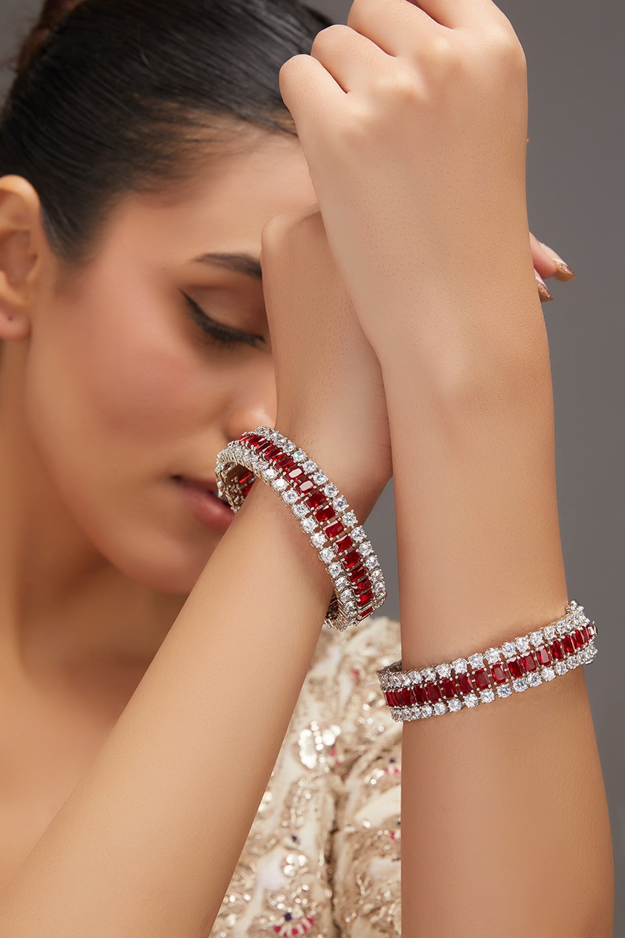 White Finish Zircon Bangles (Set Of 2)