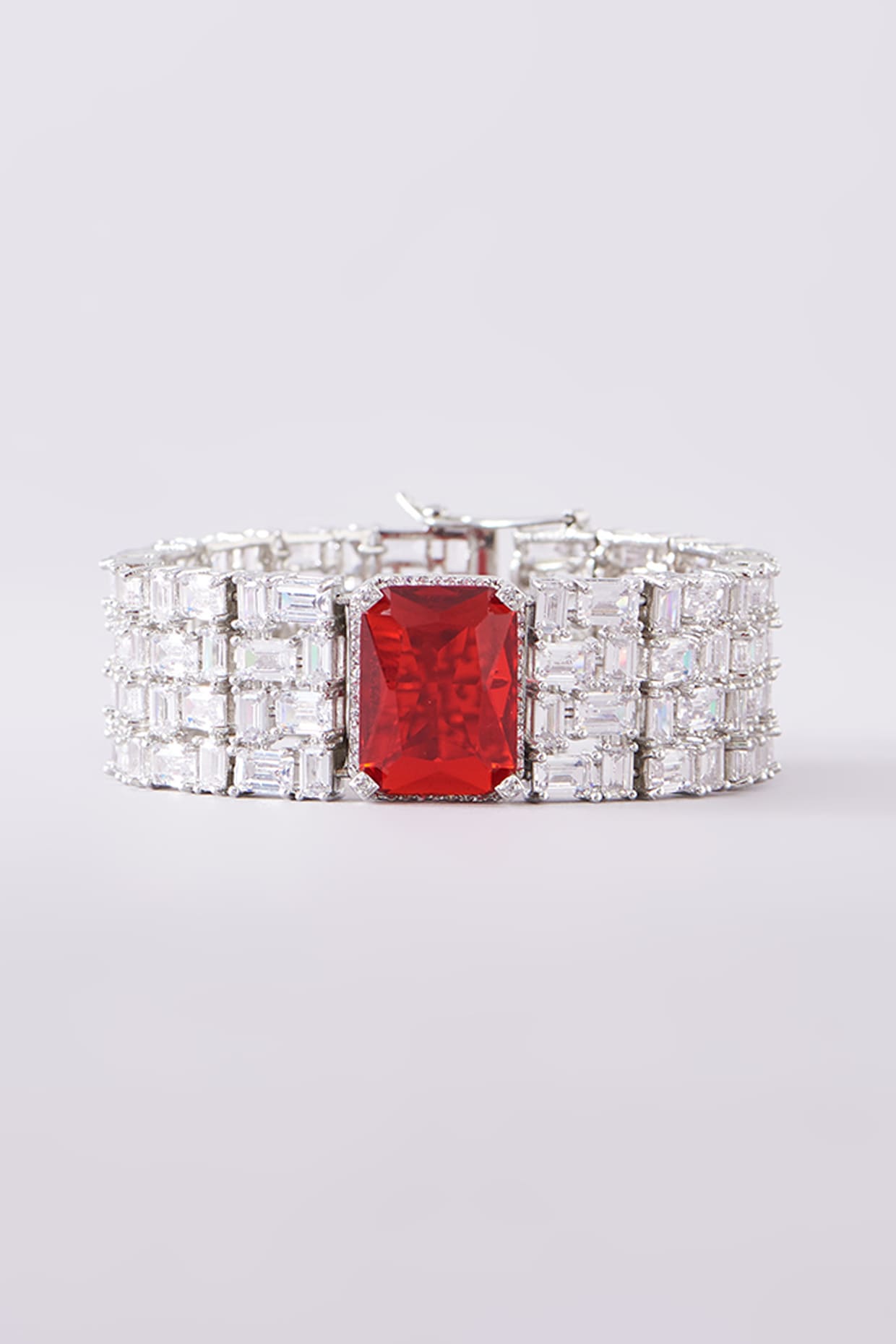 White Finish Zircon & Ruby Stone Cuff Bracelet