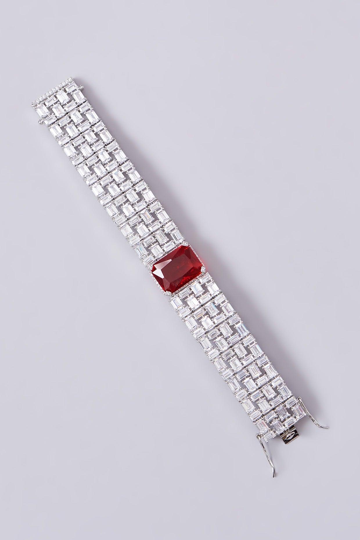 White Finish Zircon & Ruby Stone Cuff Bracelet