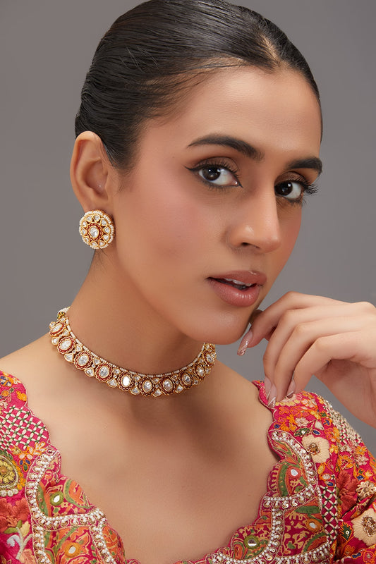 Gold Finish Kundan Polki Choker Necklace Set