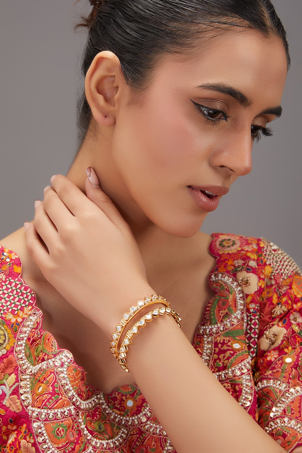 Gold Finish Kundan Polki Bangles (Set of 2)