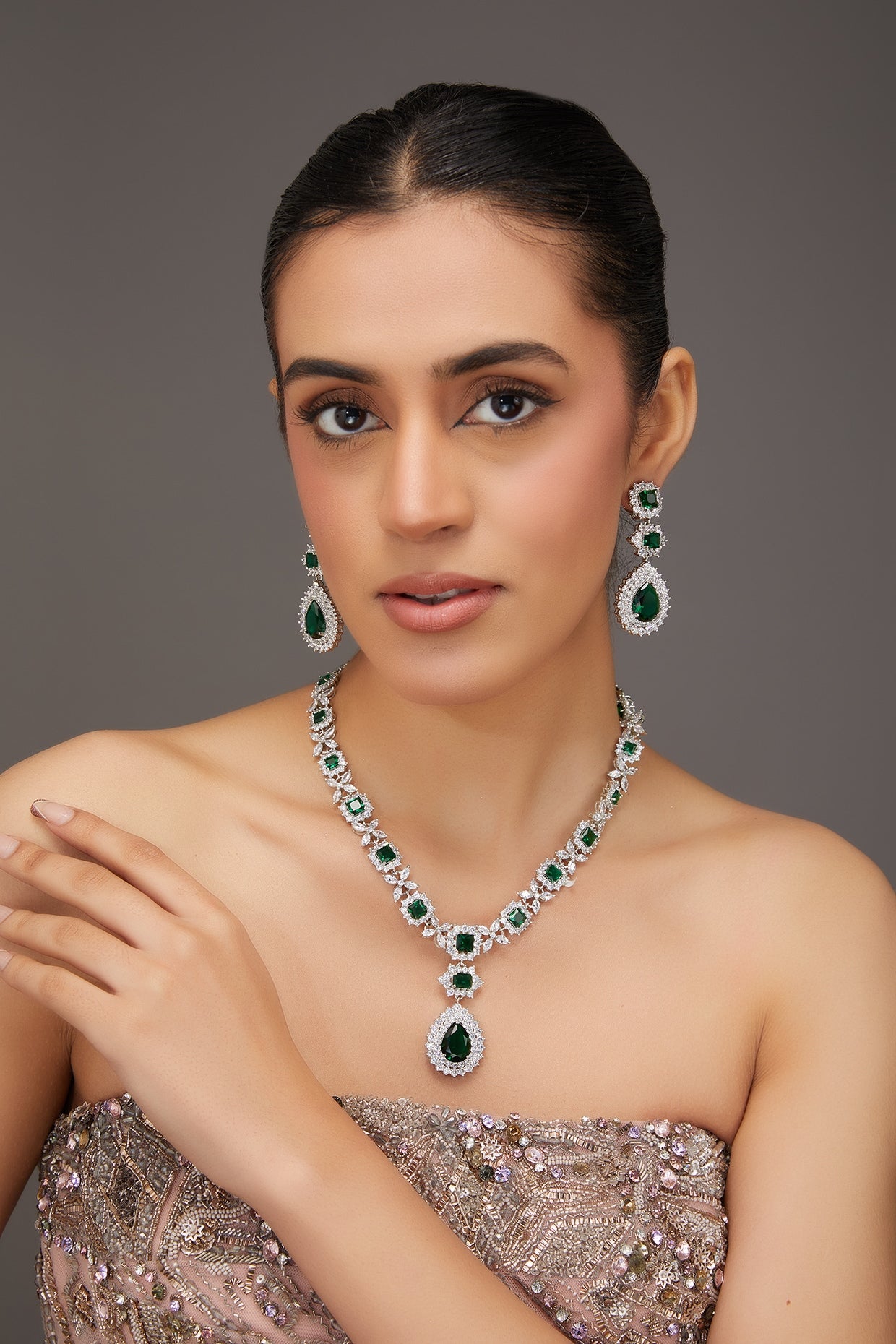 White Finish Zircon & Emerald Stone Long Necklace Set