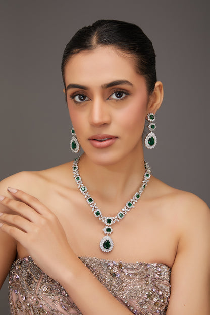 White Finish Zircon & Emerald Stone Long Necklace Set