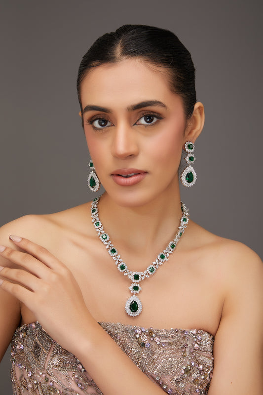 White Finish Zircon & Emerald Stone Long Necklace Set