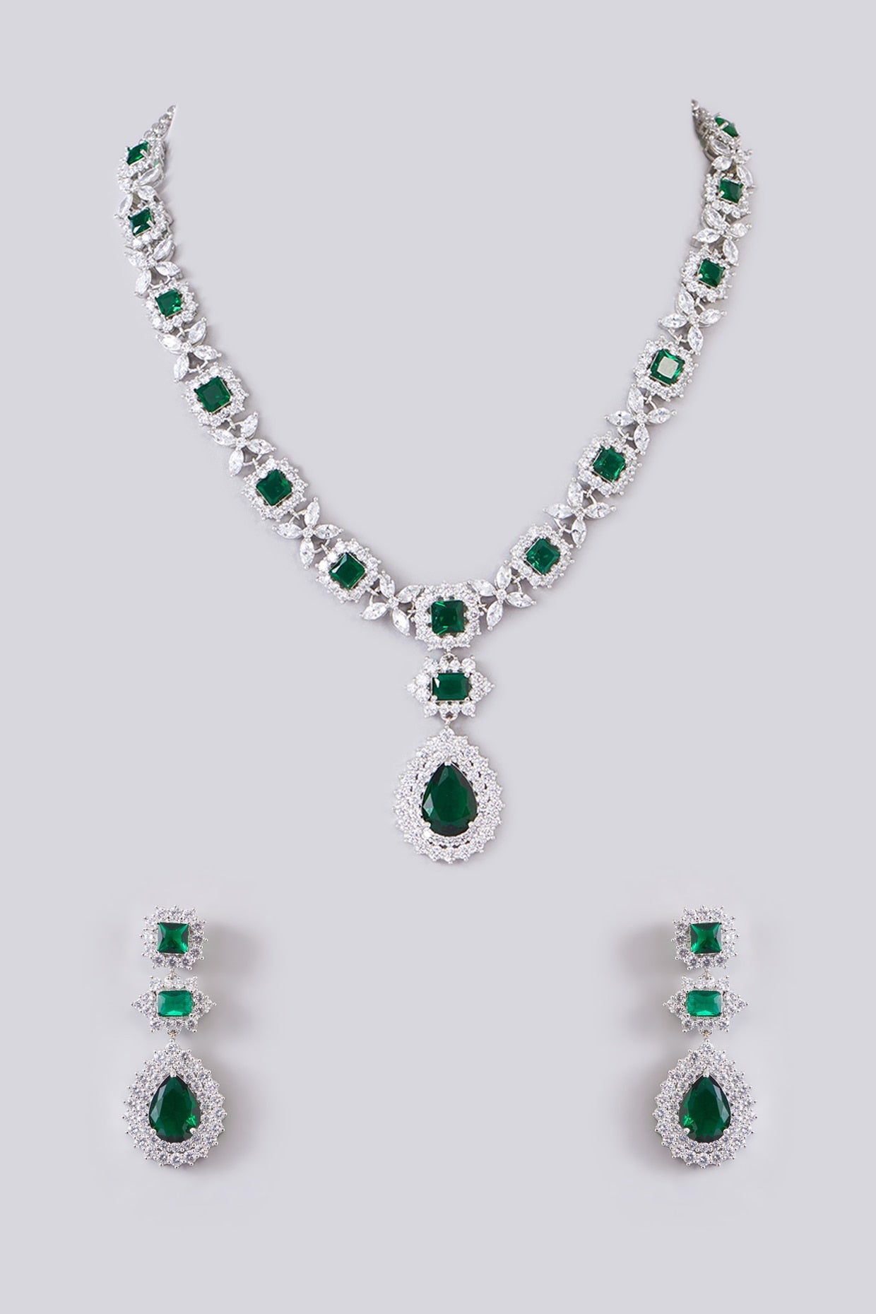 White Finish Zircon & Emerald Stone Long Necklace Set