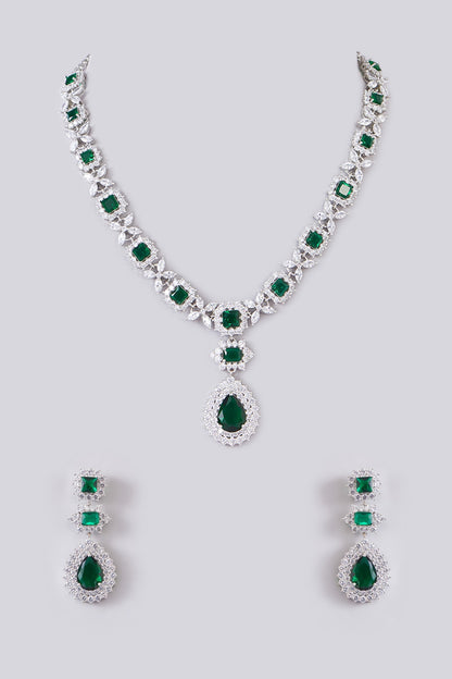 White Finish Zircon & Emerald Stone Long Necklace Set