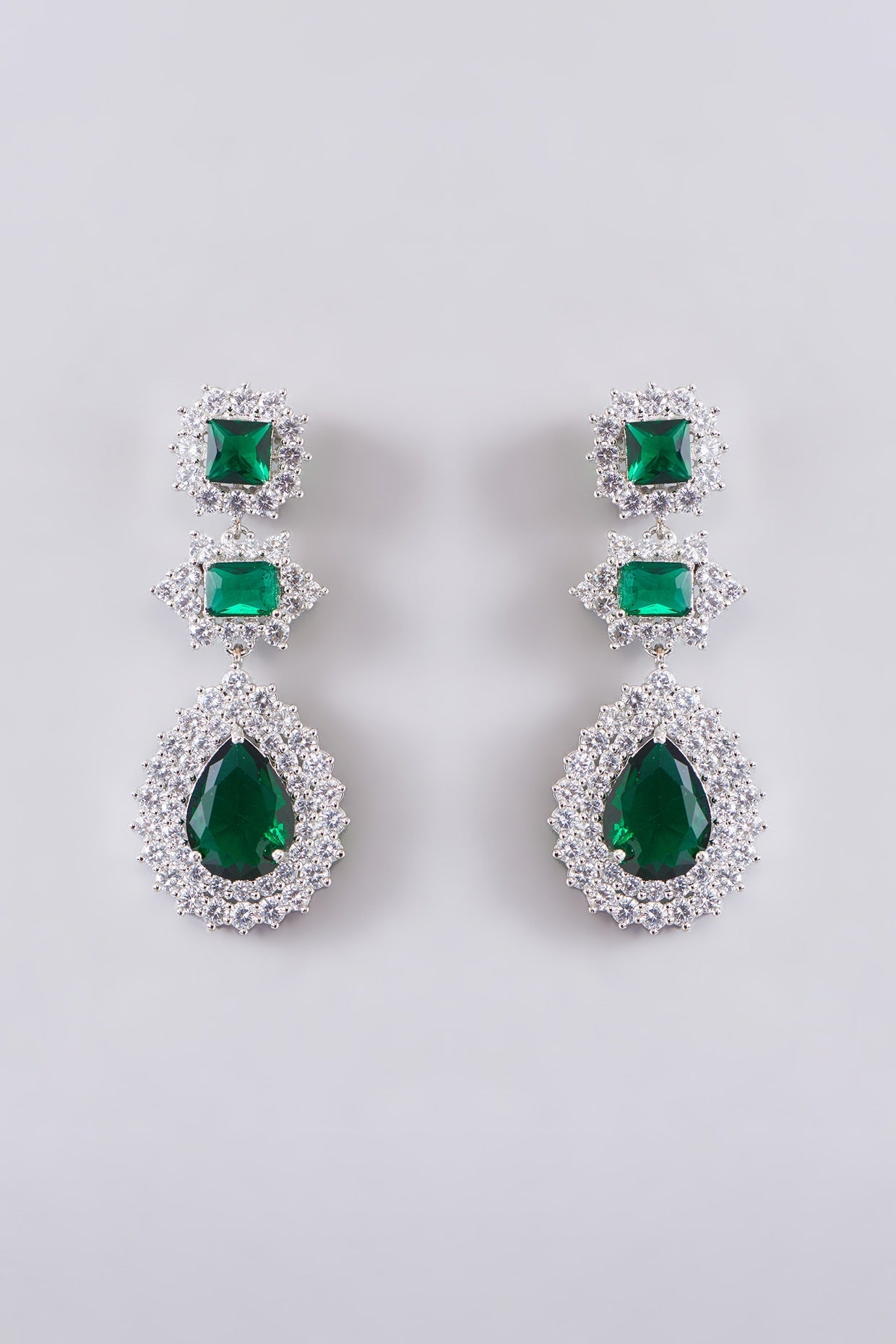 White Finish Zircon & Emerald Stone Long Necklace Set