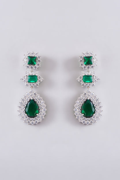 White Finish Zircon & Emerald Stone Long Necklace Set