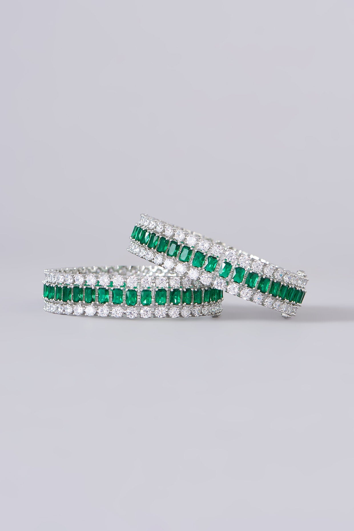 White Finish Green Zircon Bangles (Set of 2)