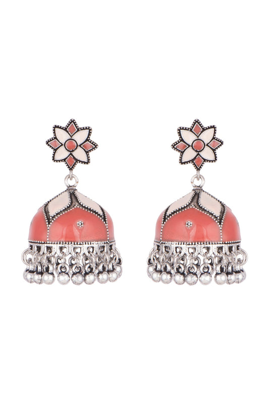 Silver Plated Peach & Red Meenakari Jhumka Earrings