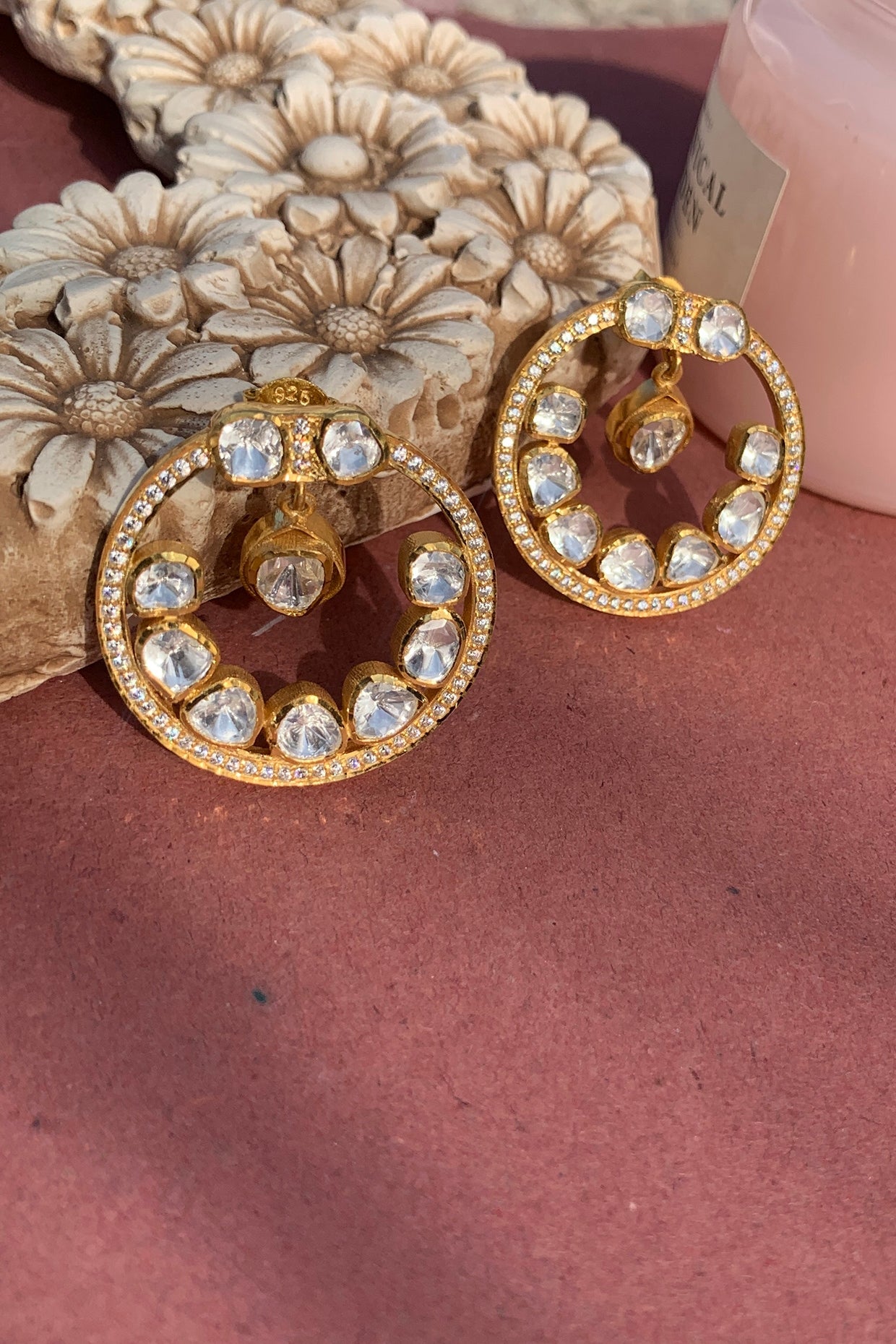 Gold Plated Moissanite Polki & Semi-Precious Stone Dangler Earrings In Sterling Silver