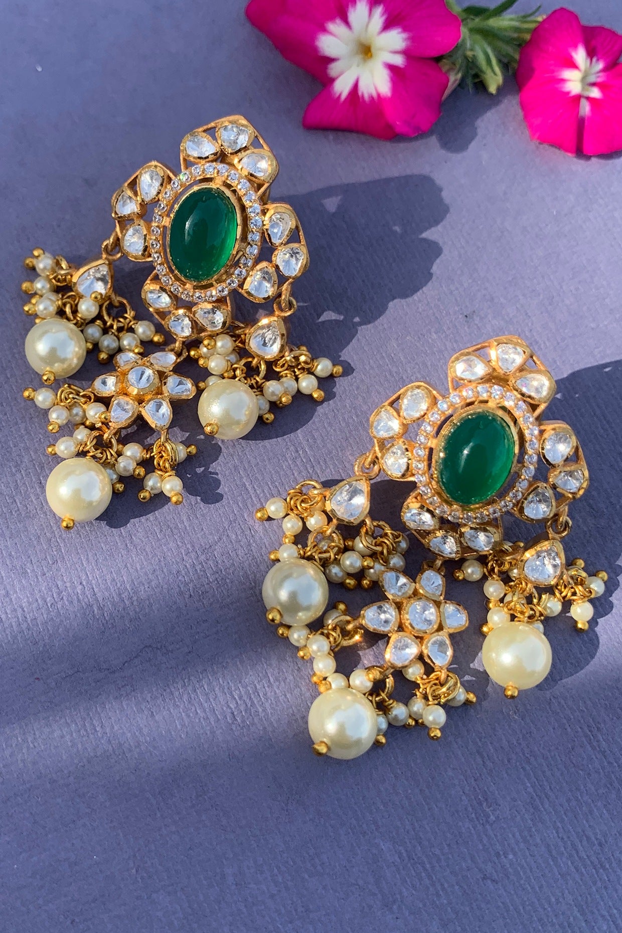 Gold Plated Moissanite Polki & Semi-Precious Stone Dangler Earrings In Sterling Silver