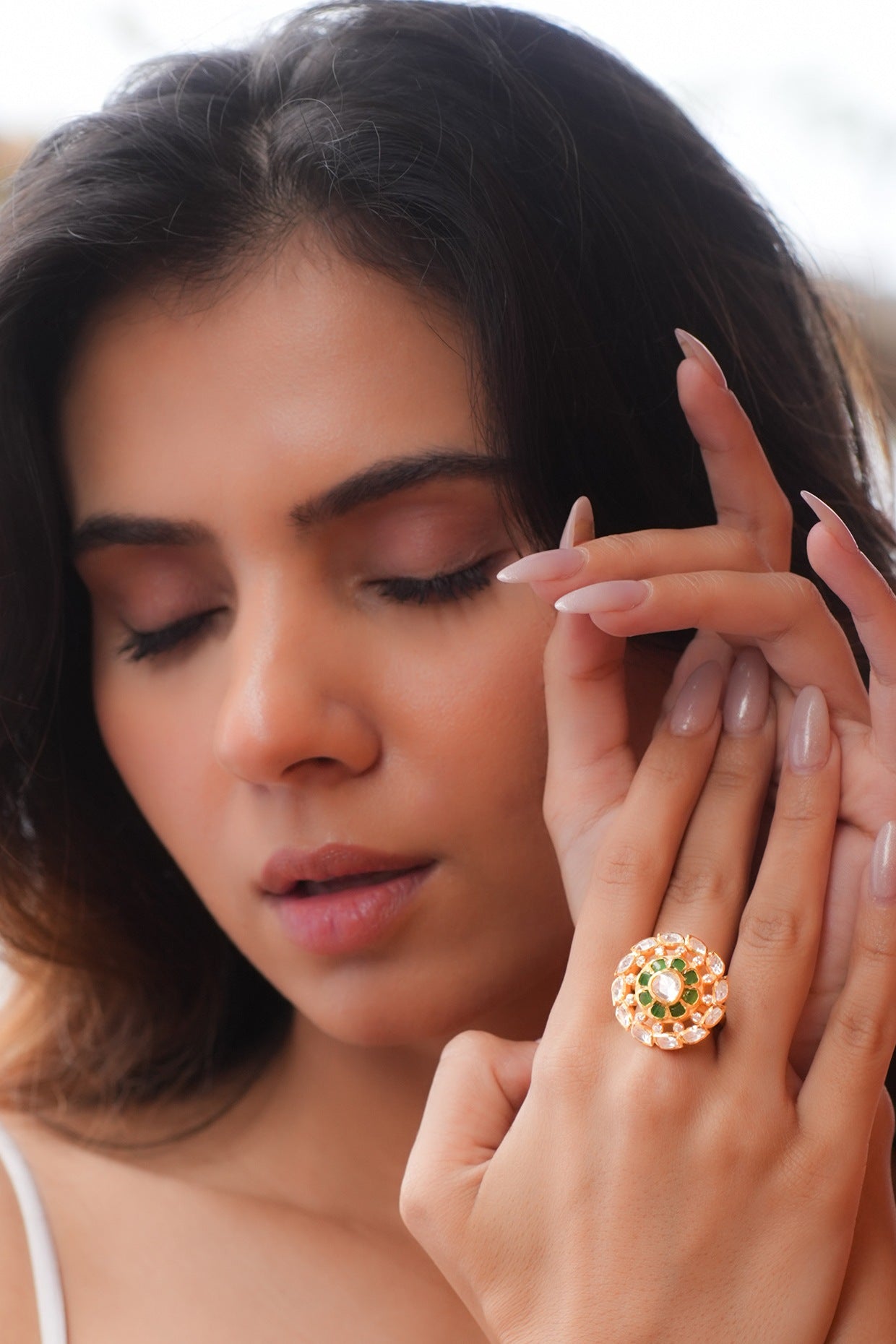 Gold Plated Moissanite Polki & Semi-Precious Stone Ring In Sterling Silver