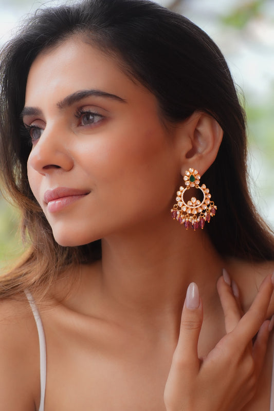 Gold Plated Moissanite Polki & Semi-Precious Stone Dangler Earrings In Sterling Silver