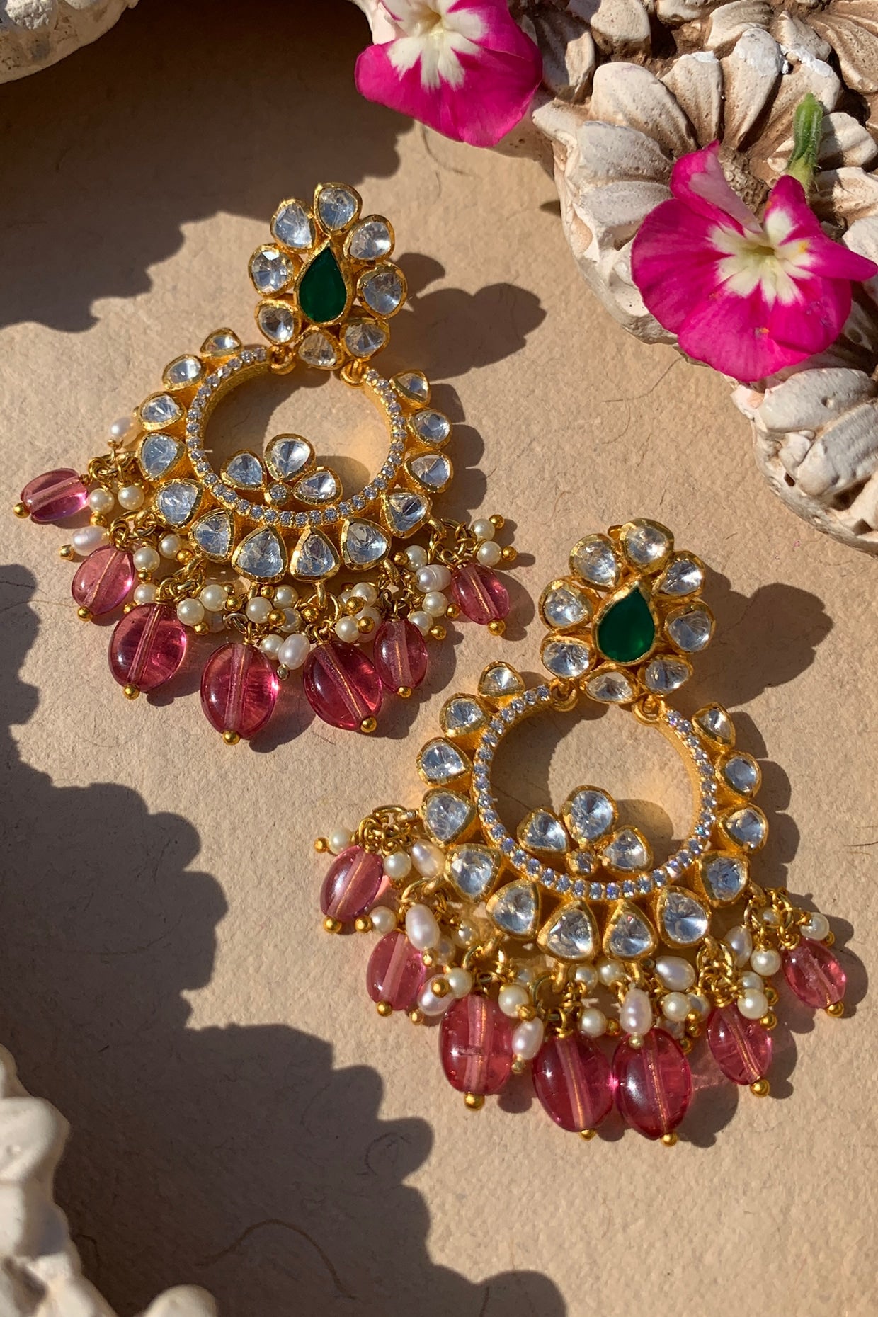 Gold Plated Moissanite Polki & Semi-Precious Stone Dangler Earrings In Sterling Silver