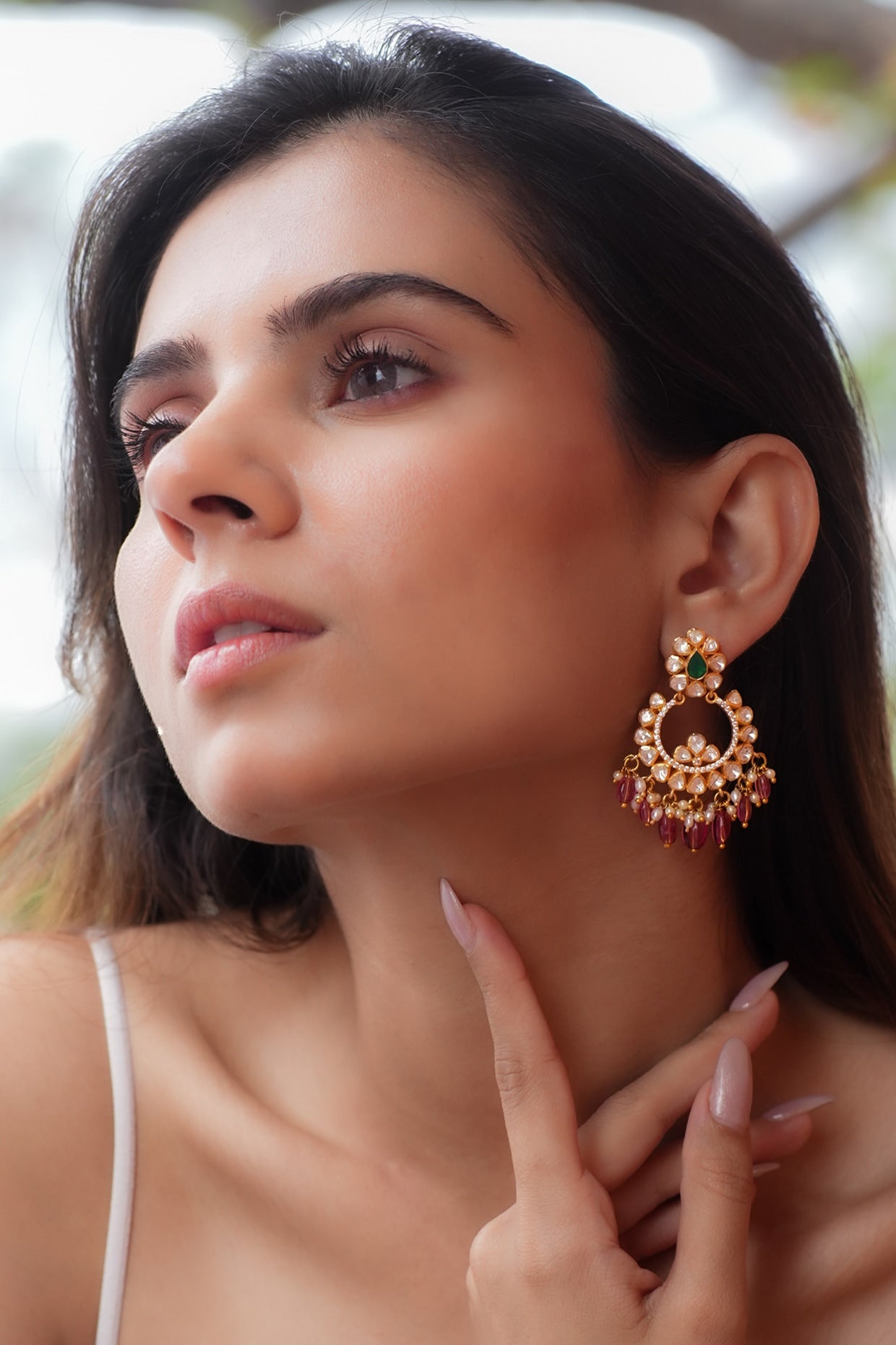 Gold Plated Moissanite Polki & Semi-Precious Stone Dangler Earrings In Sterling Silver