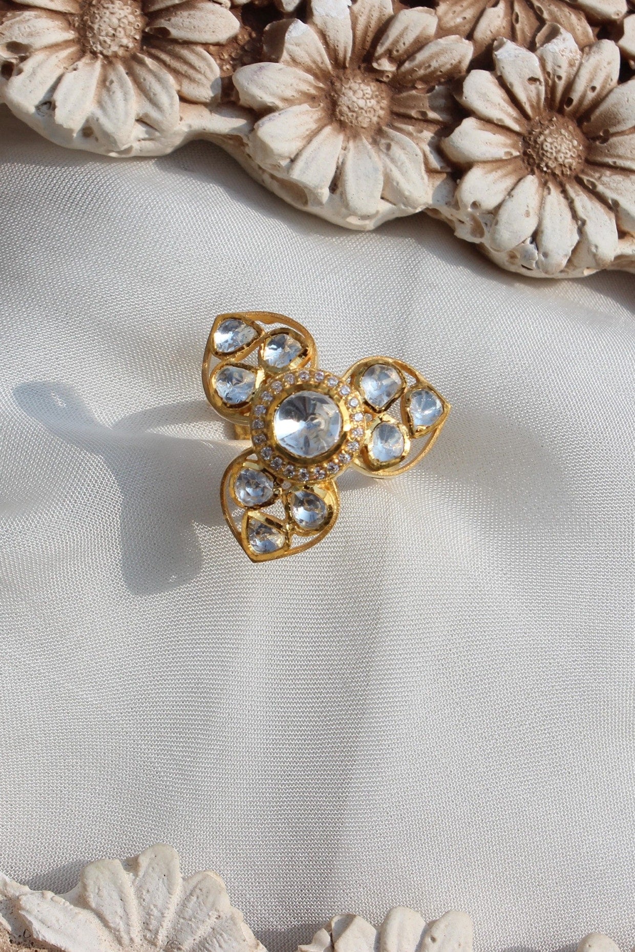 Gold Plated Moissanite Polki & Semi-Precious Stone Ring In Sterling Silver