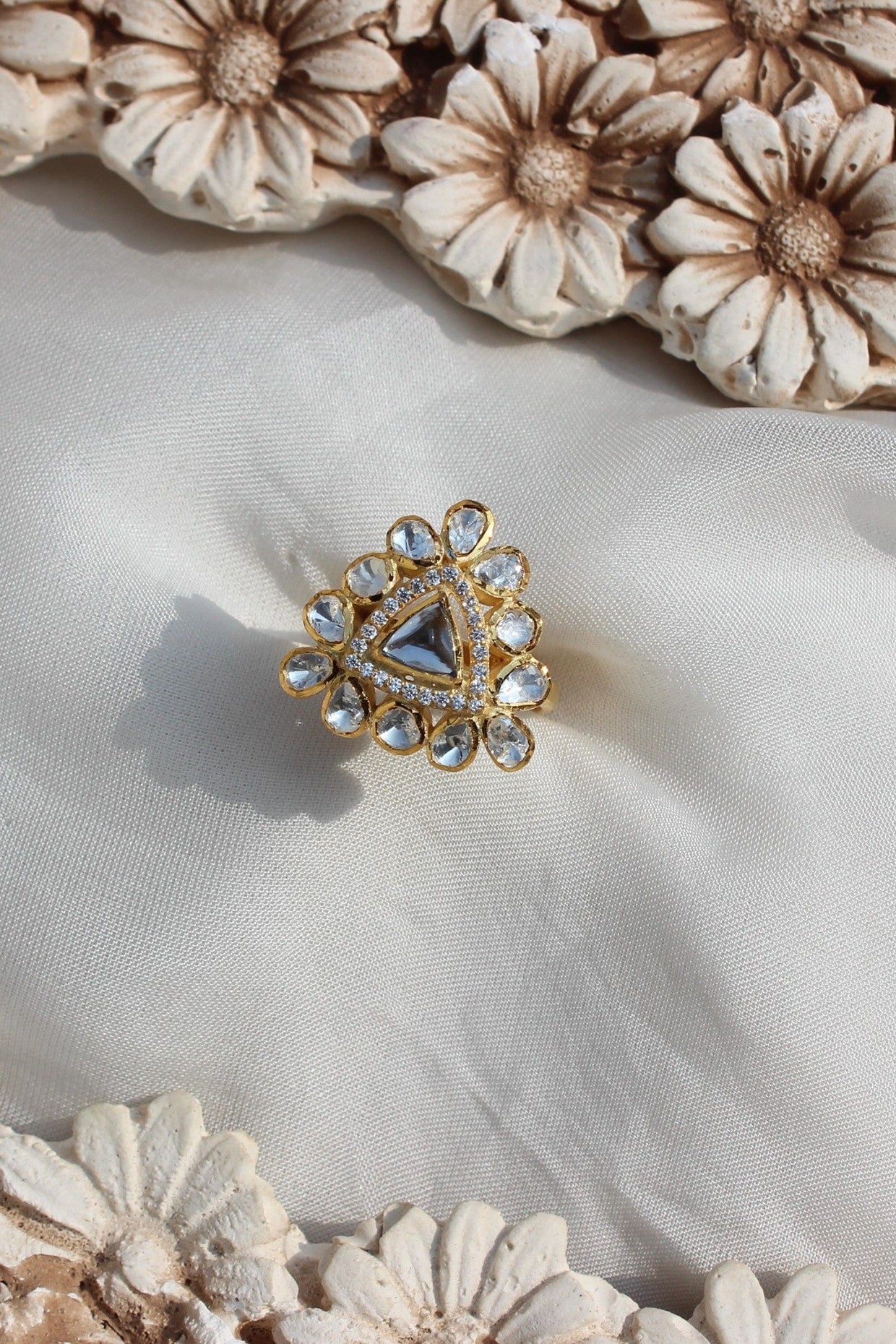 Gold Plated Moissanite Polki & Semi-Precious Stone Ring In Sterling Silver