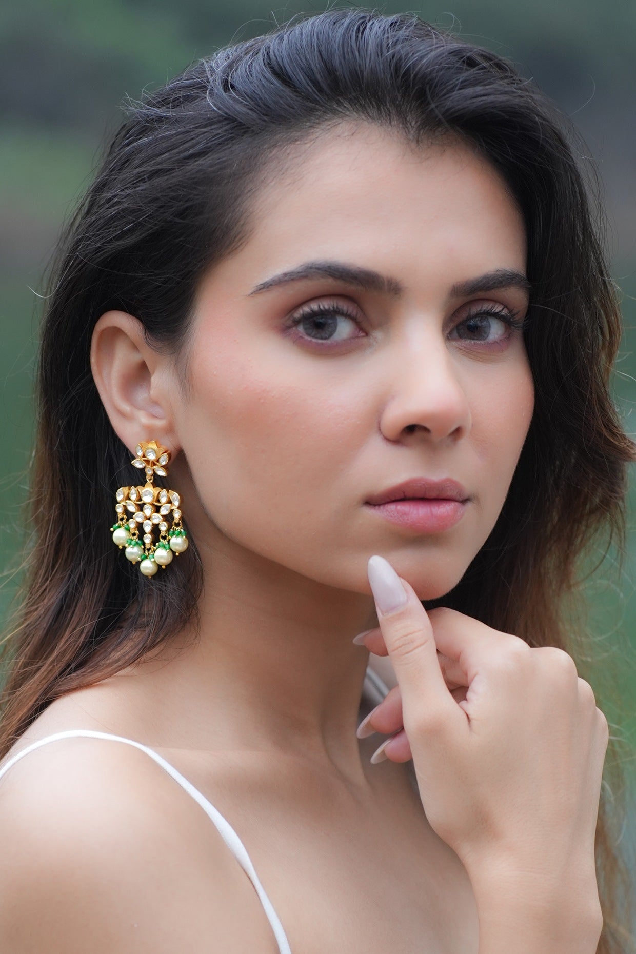 Gold Plated Moissanite Polki & Semi-Precious Stone Dangler Earrings In Sterling Silver