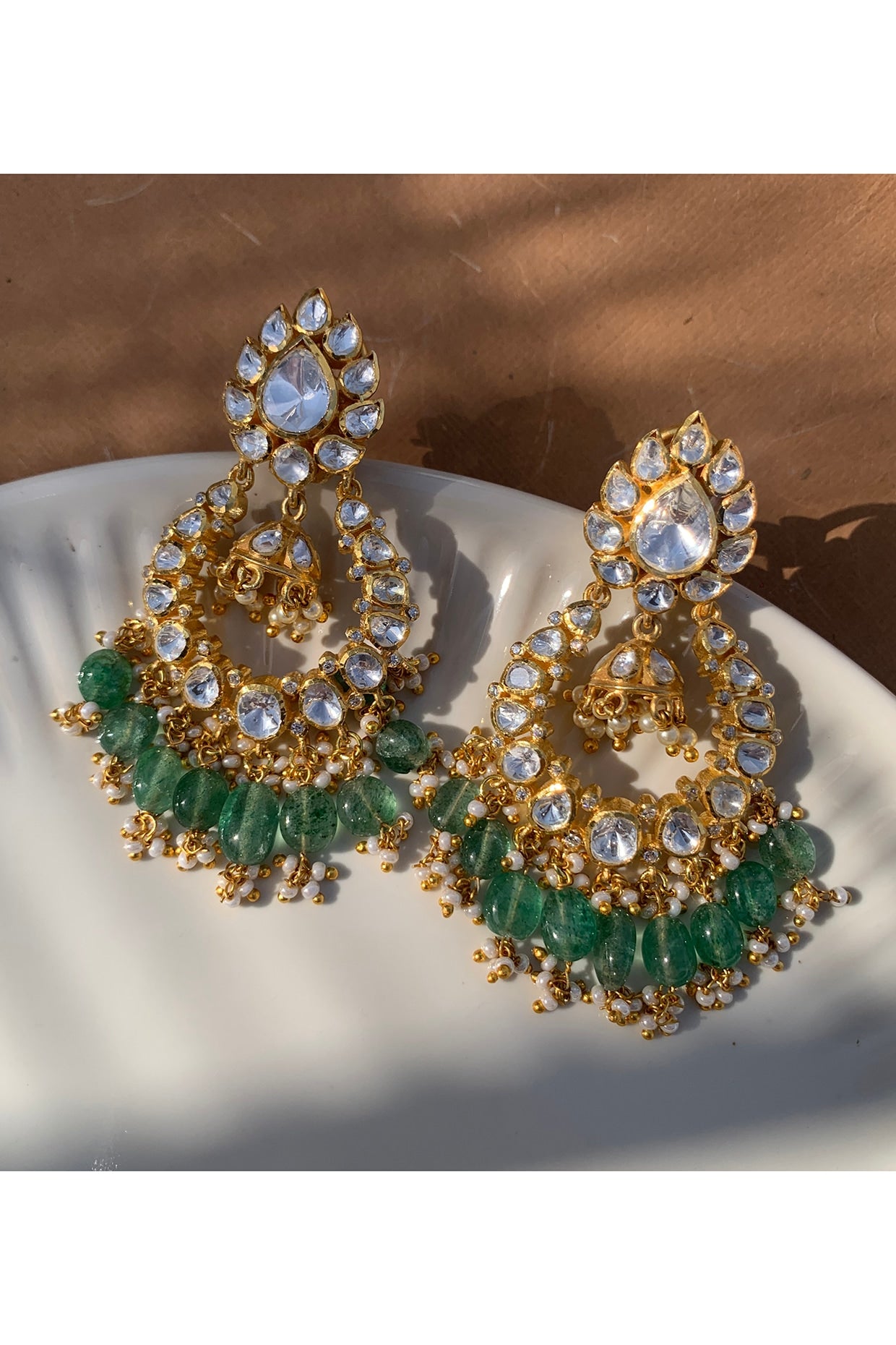 Gold Plated Moissanite Polki & Semi-Precious Stone Chandbali Earrings In Sterling Silver