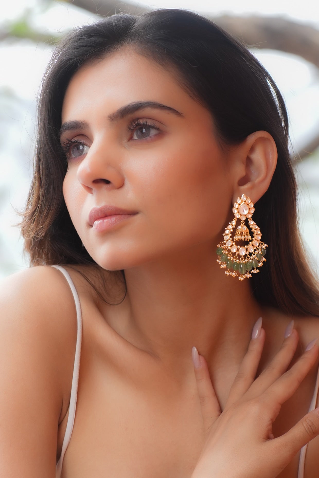 Gold Plated Moissanite Polki & Semi-Precious Stone Chandbali Earrings In Sterling Silver