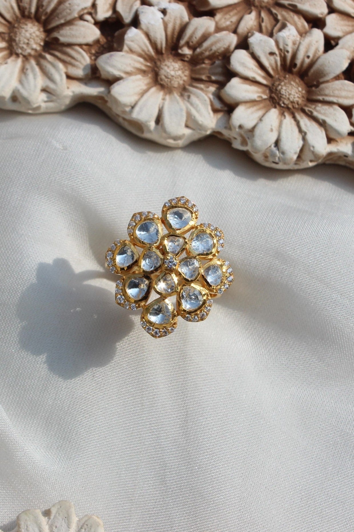 Gold Plated Moissanite Polki & Semi-Precious Stone Ring In Sterling Silver