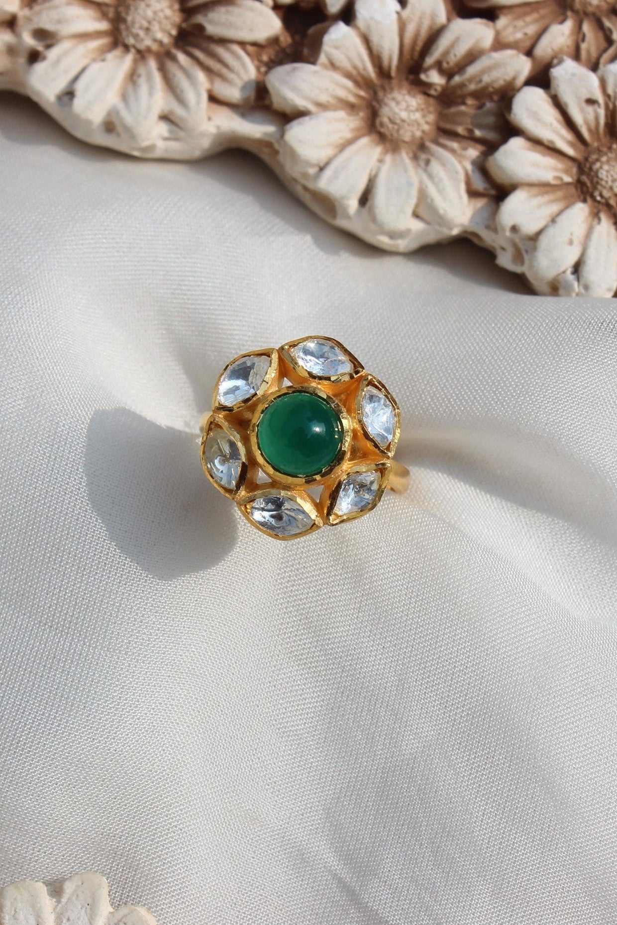 Gold Plated Moissanite Polki & Semi-Precious Stone Ring In Sterling Silver