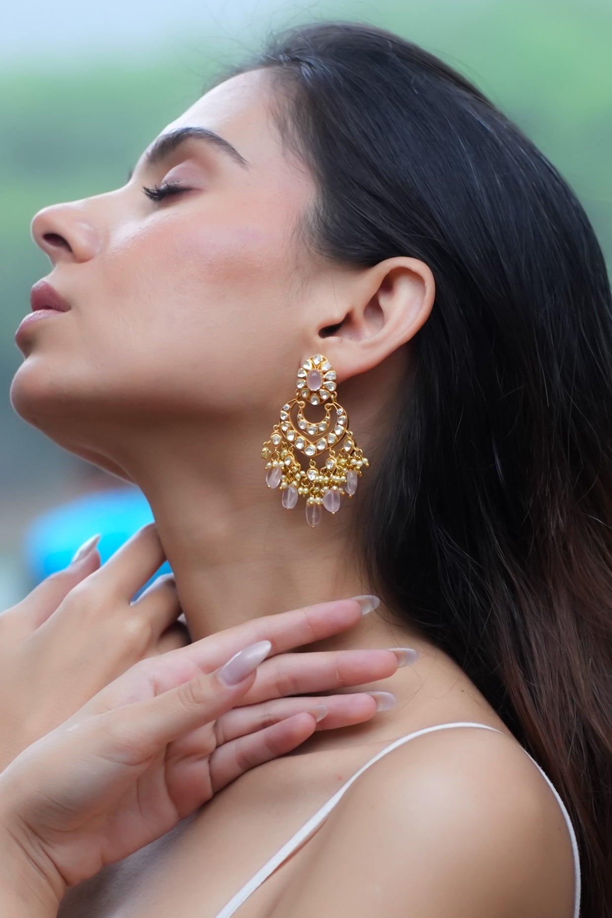 Gold Plated Moissanite Polki & Semi-Precious Stone Chandbali Earrings In Sterling Silver