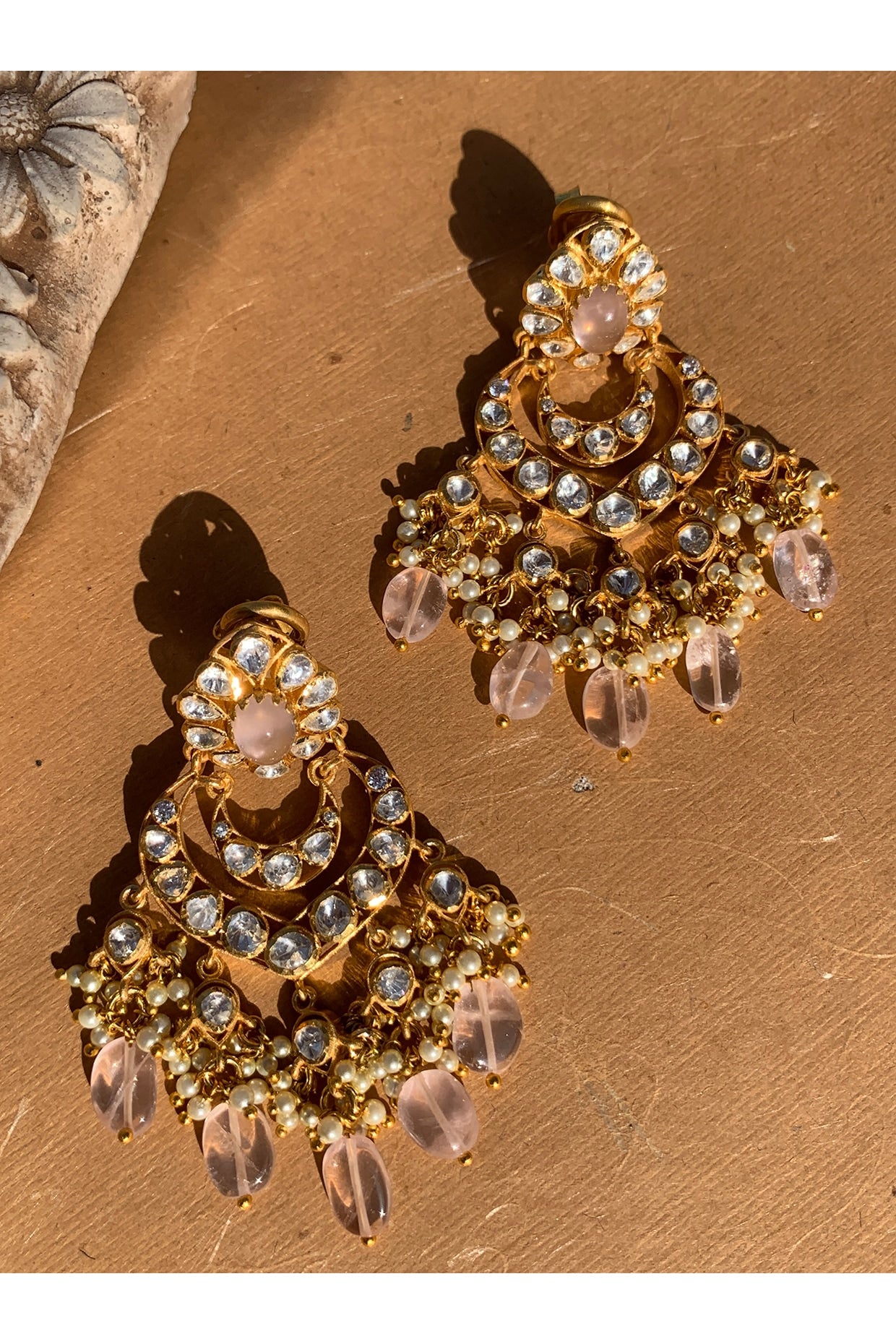 Gold Plated Moissanite Polki & Semi-Precious Stone Chandbali Earrings In Sterling Silver