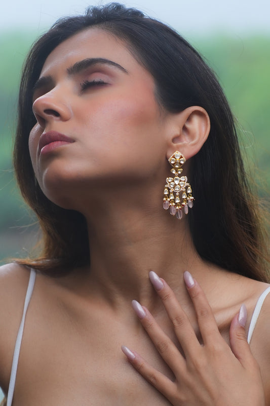 Gold Plated Moissanite Polki & Semi-Precious Stone Chandbali Earrings In Sterling Silver