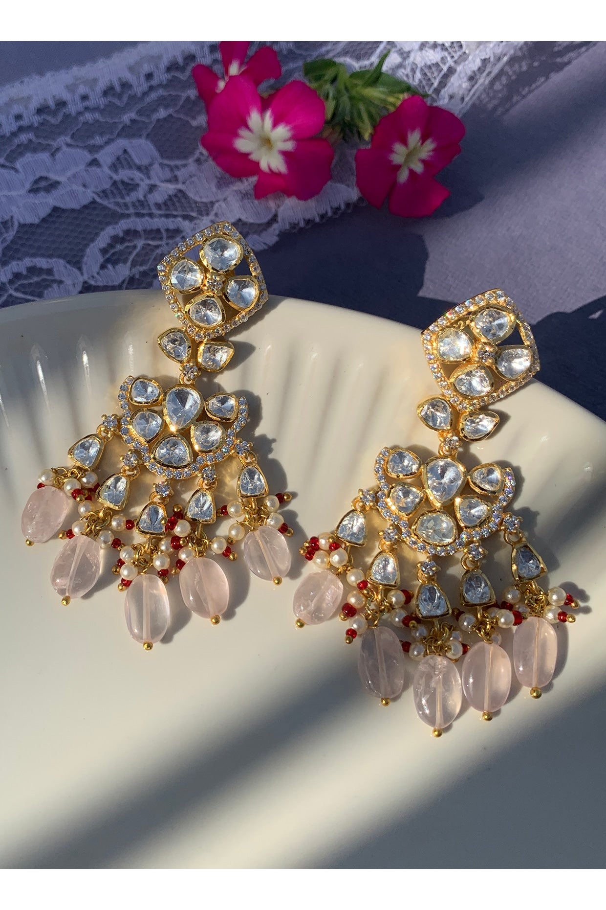 Gold Plated Moissanite Polki & Semi-Precious Stone Chandbali Earrings In Sterling Silver