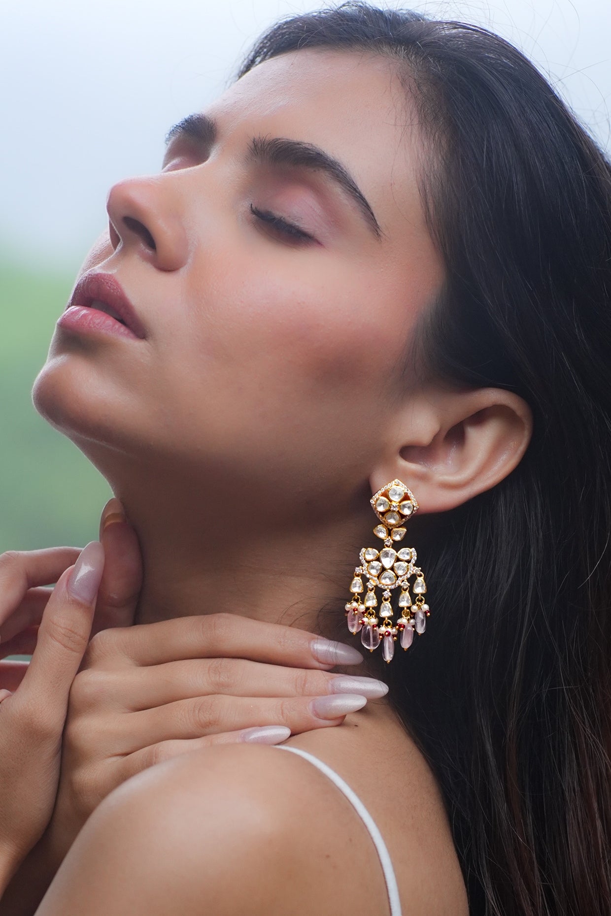 Gold Plated Moissanite Polki & Semi-Precious Stone Chandbali Earrings In Sterling Silver