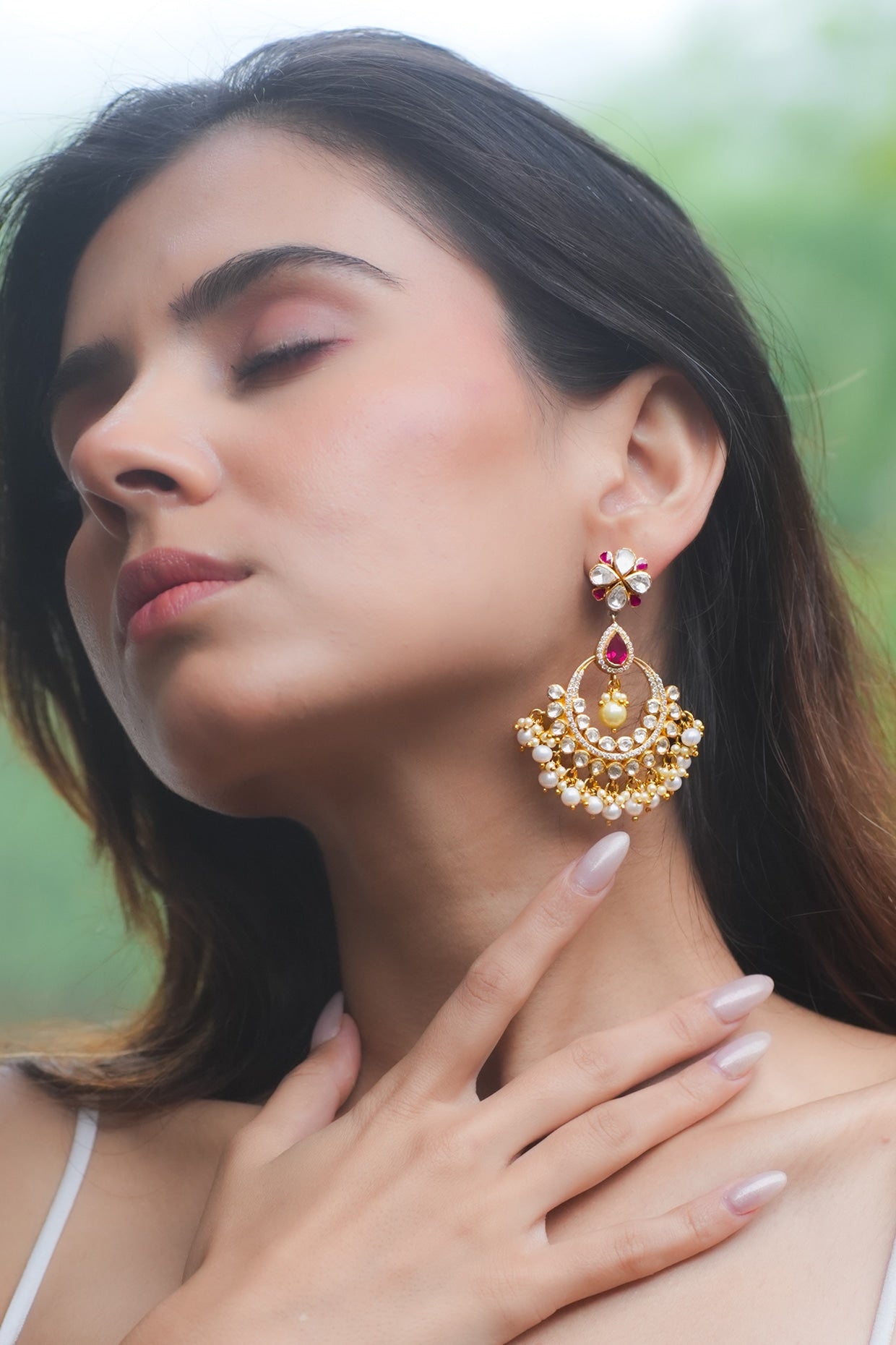 Gold Plated Moissanite Polki & Semi-Precious Stone Chandbali Earrings In Sterling Silver