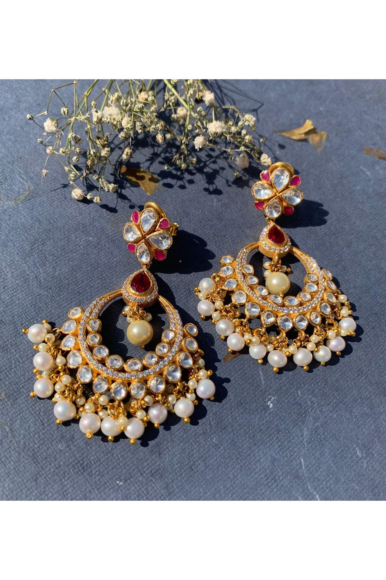 Gold Plated Moissanite Polki & Semi-Precious Stone Chandbali Earrings In Sterling Silver