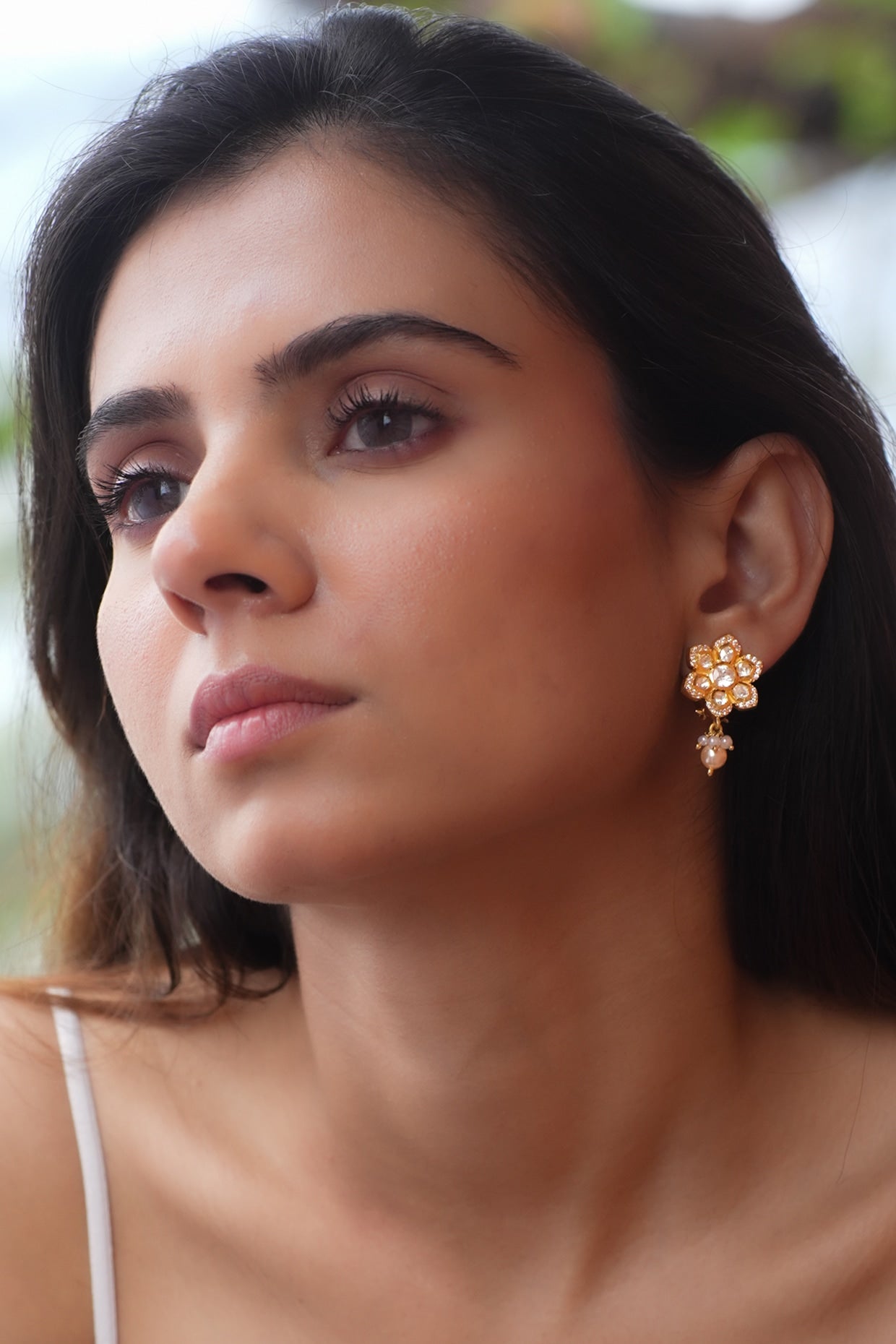 Gold Plated Moissanite Polki & Semi-Precious Stone Dangler Earrings In Sterling Silver