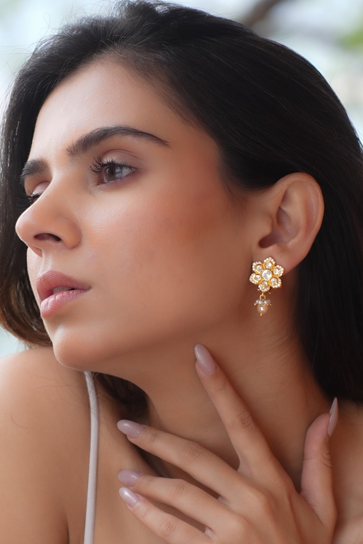 Gold Plated Moissanite Polki & Semi-Precious Stone Dangler Earrings In Sterling Silver